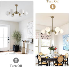 6-Light Globe Sputnik Chandelier with white milk glass shades and brushed gold finish. Mid-century modern pendant light for dining or living rooms.