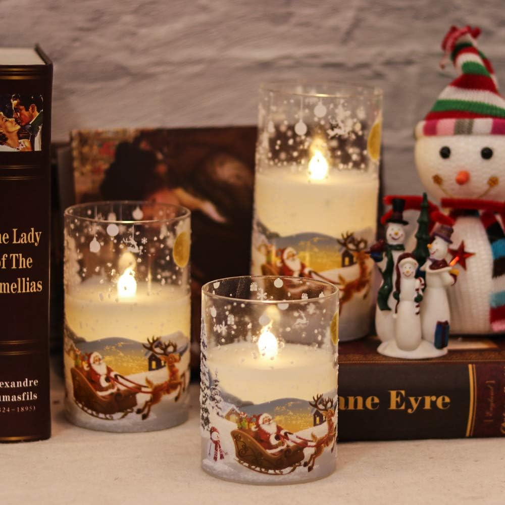 Santa Claus Flameless Glass Candles Set of 3 with Timer Function