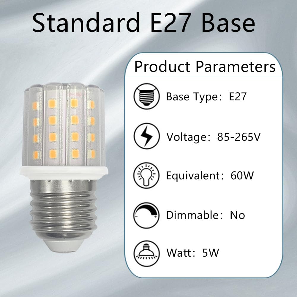 YELANGU E27 LED Corn Light Bulbs,5W Warm Light 3000K, Equivalent to 60W E27 Halogen Bulbs,AC 85-265V, 360° Beam Angle,Edison Screw SES LED Corn Lamp, Not Dimmable, Pack of 8 [Energy Class F]