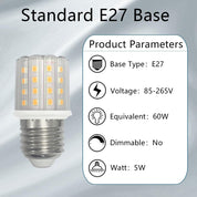 YELANGU E27 LED Corn Light Bulbs,5W Warm Light 3000K, Equivalent to 60W E27 Halogen Bulbs,AC 85-265V, 360° Beam Angle,Edison Screw SES LED Corn Lamp, Not Dimmable, Pack of 8 [Energy Class F]