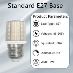 YELANGU E27 LED Corn Light Bulbs,5W Warm Light 3000K, Equivalent to 60W E27 Halogen Bulbs,AC 85-265V, 360° Beam Angle,Edison Screw SES LED Corn Lamp, Not Dimmable, Pack of 8 [Energy Class F]