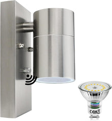 Dusk Till Dawn Outdoor Wall Lights: Mains Powered Stainless Steel Security Lighting with Sensor for Porch and Front Door, 6000K GU10 Bulb Included