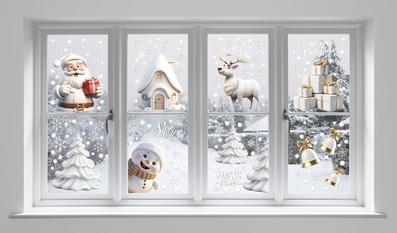 8 Sheets Christmas Window Stickers – Reusable Static Cling Decals