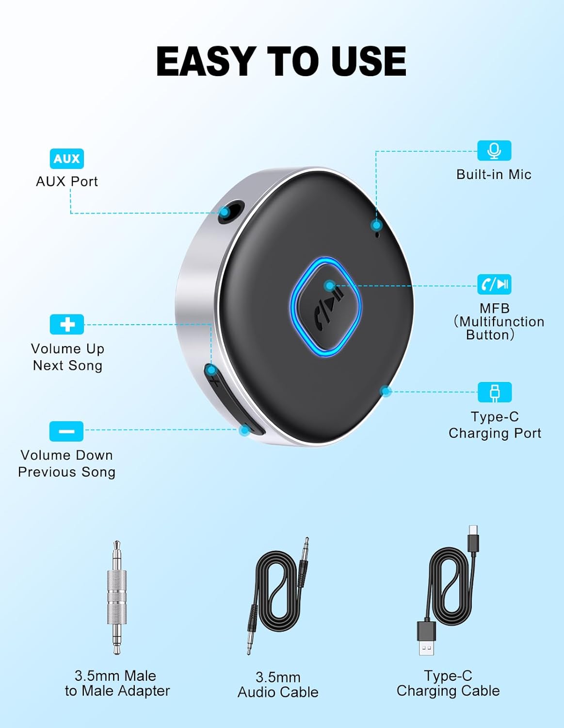 Mini Bluetooth 5.3 AUX Adapter – Hi-Fi Car Receiver with Dual Connection & 16H Playtime