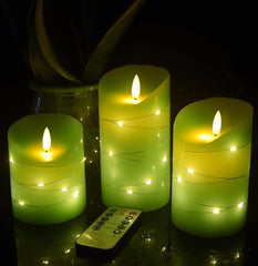 3-Piece Flameless Candle Set – Real Wax with Embedded Fairy Lights, LED, Remote, 24-Hour Timer, Ivory White