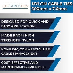 Heavy Duty Black Cable Ties 300mm x 7.6mm Pack of 100