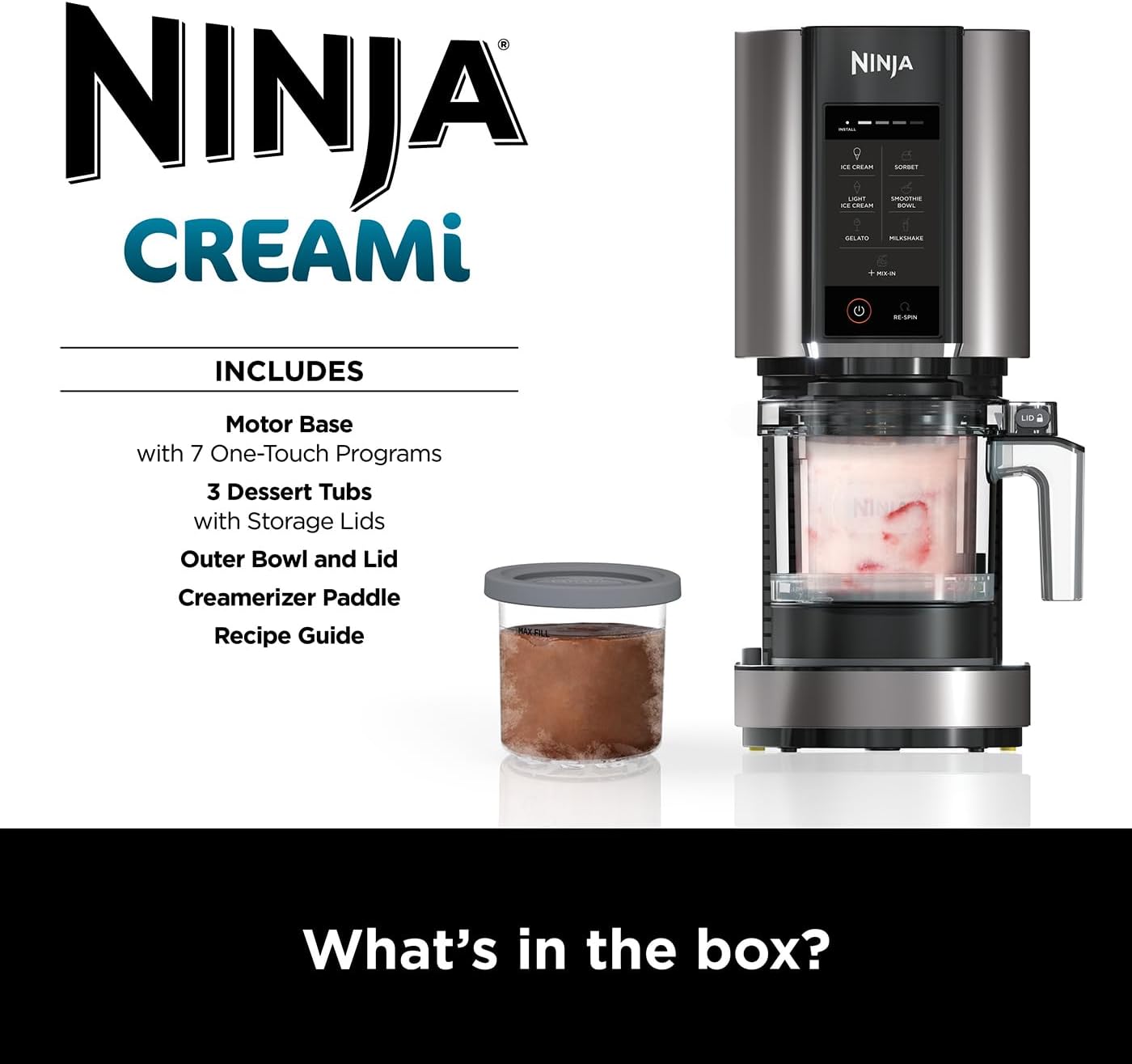 CREAMi Ice Cream & Frozen Dessert Maker – 1.4L Capacity – 7 Programs – Includes 3 Tubs – Black/Silver – Gelato, Sorbet & More