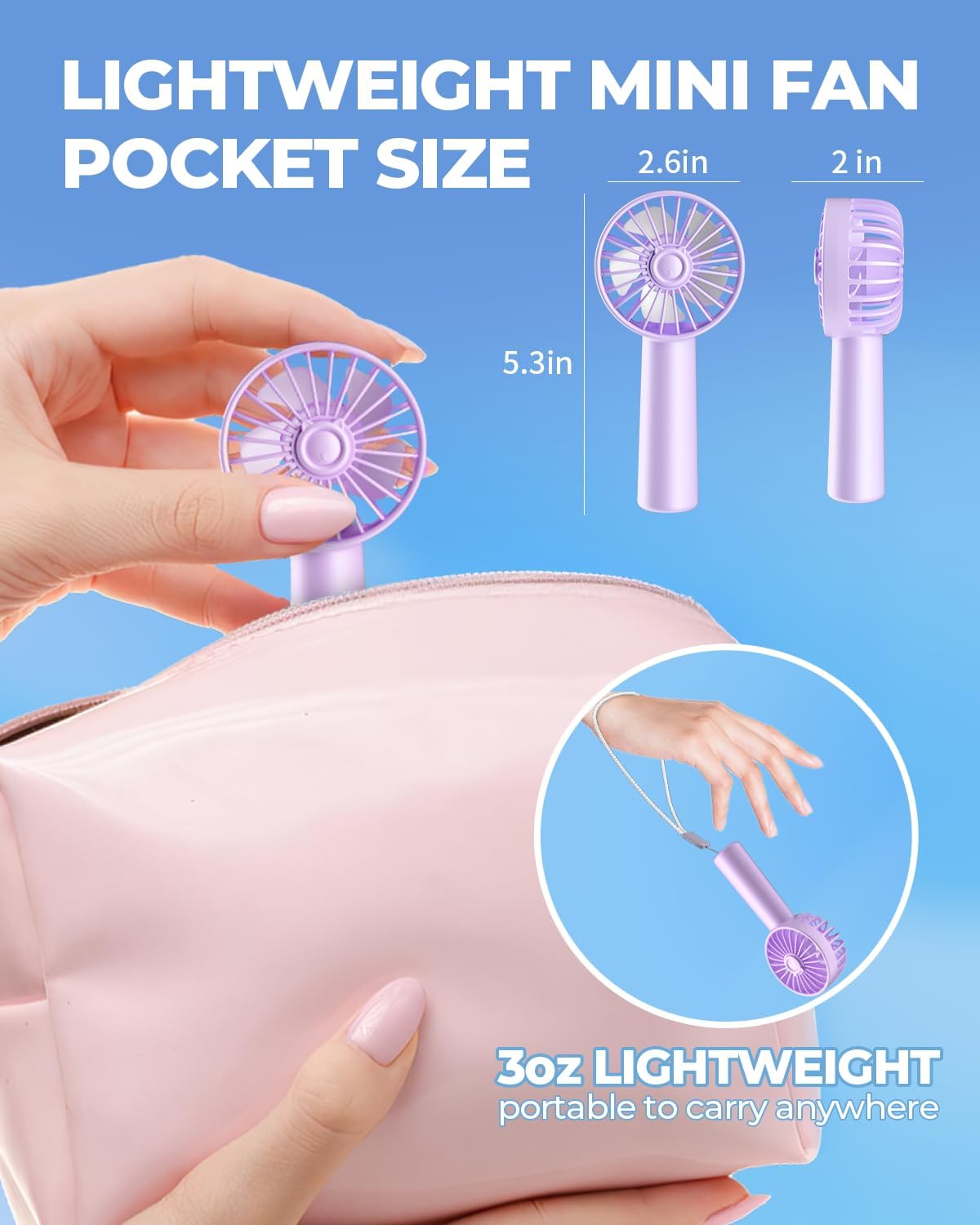 Mini Portable Handheld Fan 1800mAh 3 Speeds Light Purple