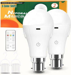 Neporal MagicGlow Rechargeable LED Light Bulbs B22, 3-Color, Dimmable with Remote, USB Rechargeable, 2-Pack