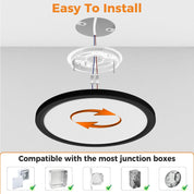LED Ceiling Lights, Ø29CM 24W 2400LM Round Bathroom Light – 3 Color Temperatures (3000K/4000K/6500K), Slim Flush Mount Ceiling Lamp for Kitchen, Living Room, Bedroom, Black