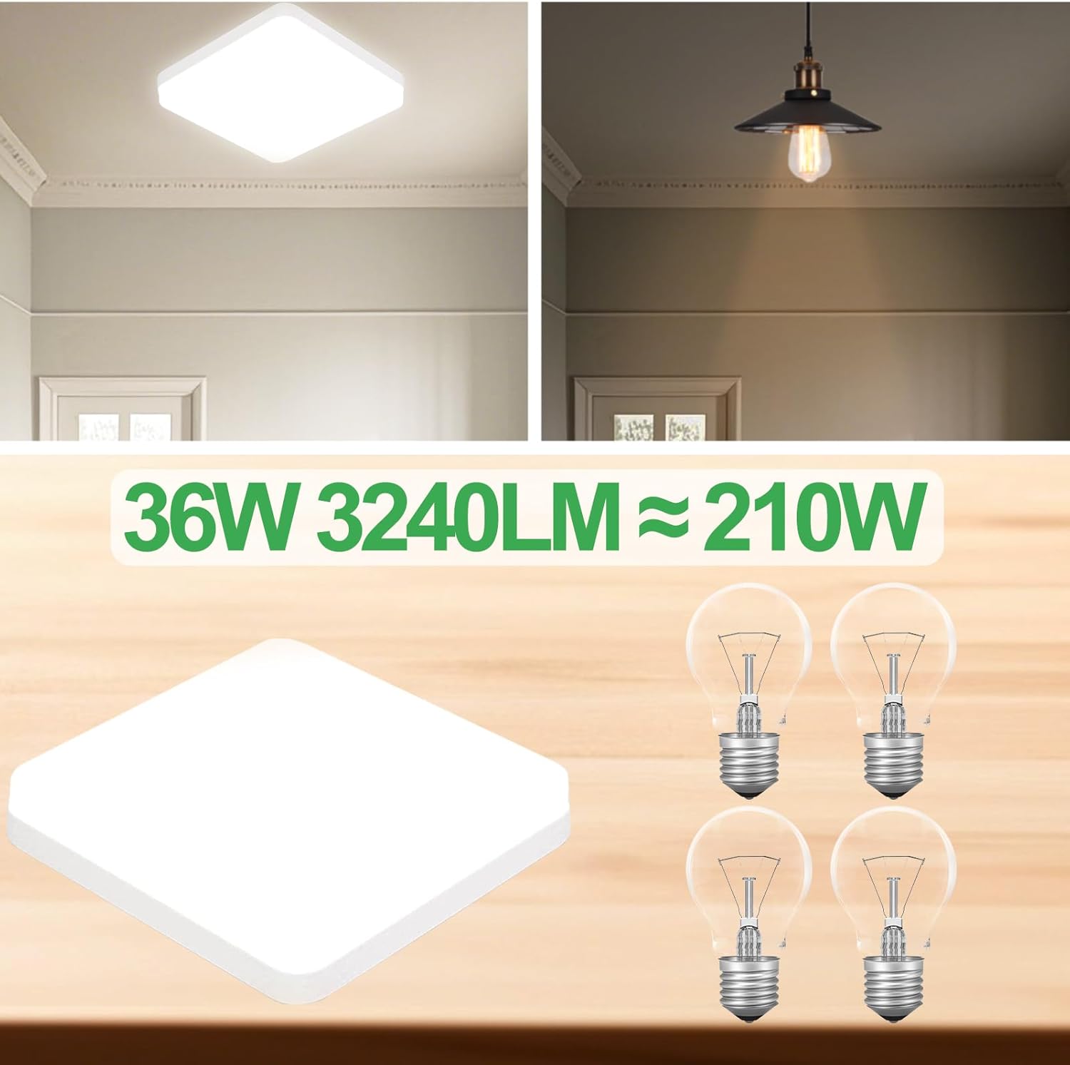 Led Ceiling Light 36W Bathroom Lights Ceiling Square 6500K Daylight Modern White 3240LM Bright IP44 Waterproof Flush Mounted Lighting Fixture for Bedroom Living Room Kitchen Ultra Thin [Energy Class E]