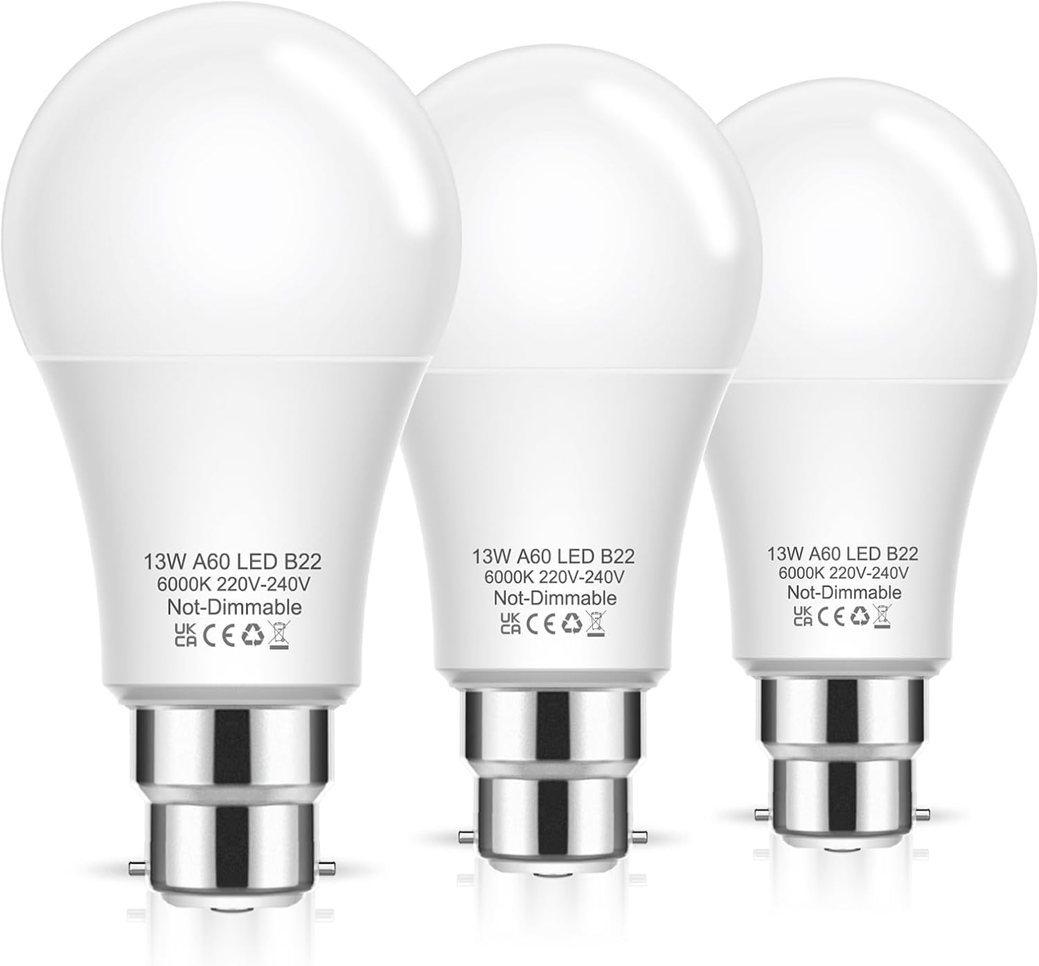 Bayonet Light Bulbs, 100W Equivalent B22 LED Bulbs Bayonet, 6000K Cool White, 1200LM, 13W Daylight Bulbs BC GLS A60 Energy Saving for Chandelier, Living Room, Non-dimmable, Pack of 3 [Energy Class F] Visit the Flaspar Store
