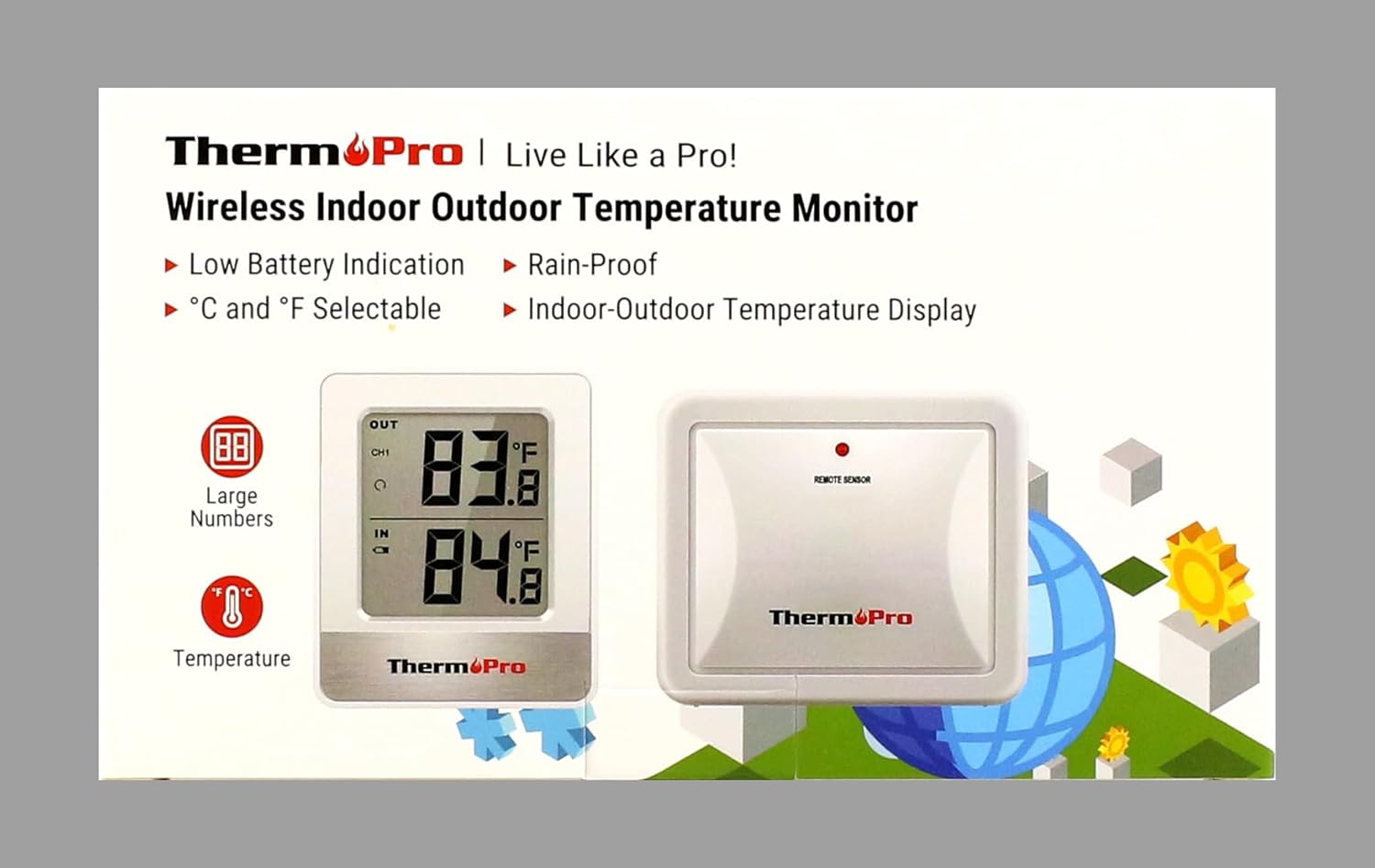 TP200C Wireless Indoor Outdoor Thermometer with Rainproof Sensor, 150m Range, Greenhouse & Garden Temperature Monitor