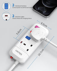 2-Way Extension Lead with Individual Switches, Overload Protection & 1.5M Wall-Mount Cable