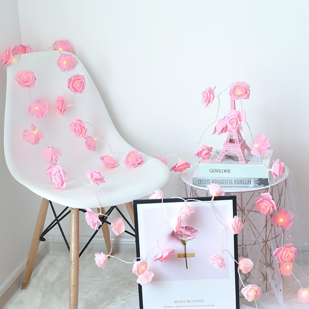 Pink Rose Flower Fairy String Lights 6M with 40 LEDs, Battery Operated Decorative Lights for Romantic Décor