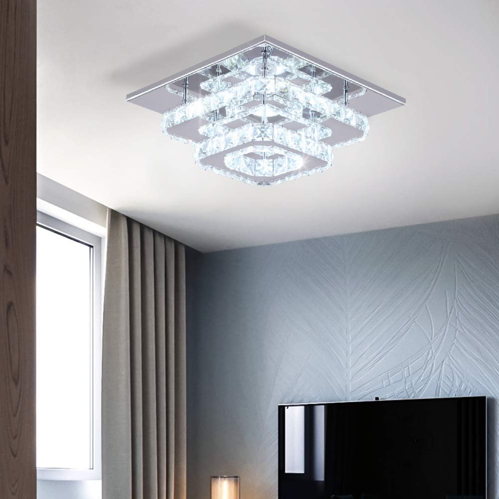 Crystal LED Ceiling Light, Modern Square Flush Mount Chandelier with K9 Crystal and Stainless Steel Frame, Multicolor Ceiling Lamp for Living Room, Dining Room, Bedroom