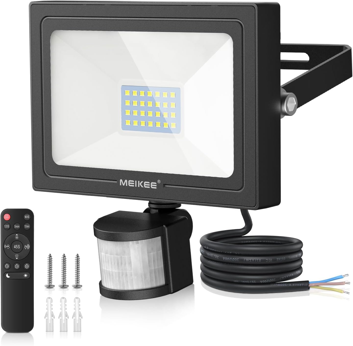 MEIKEE LED flood light with remote control and wiring on a white background