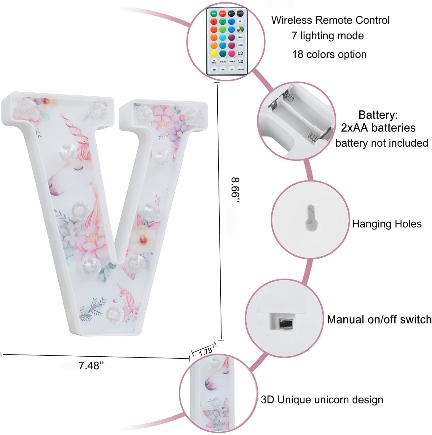 Unicorn LED Light Up Letter V – 18 Color Changing