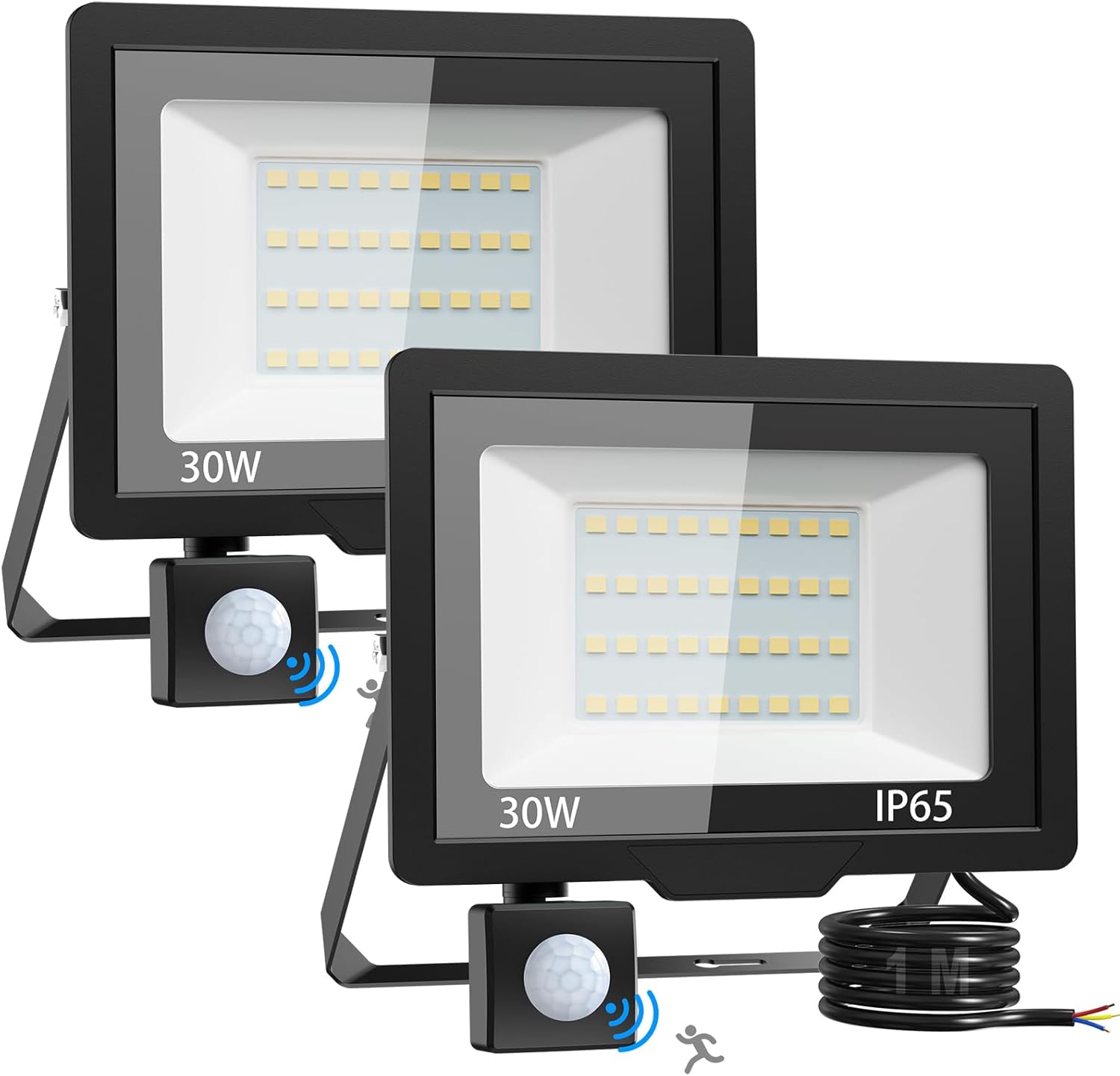 Two LED flood lights with motion sensors on a white background