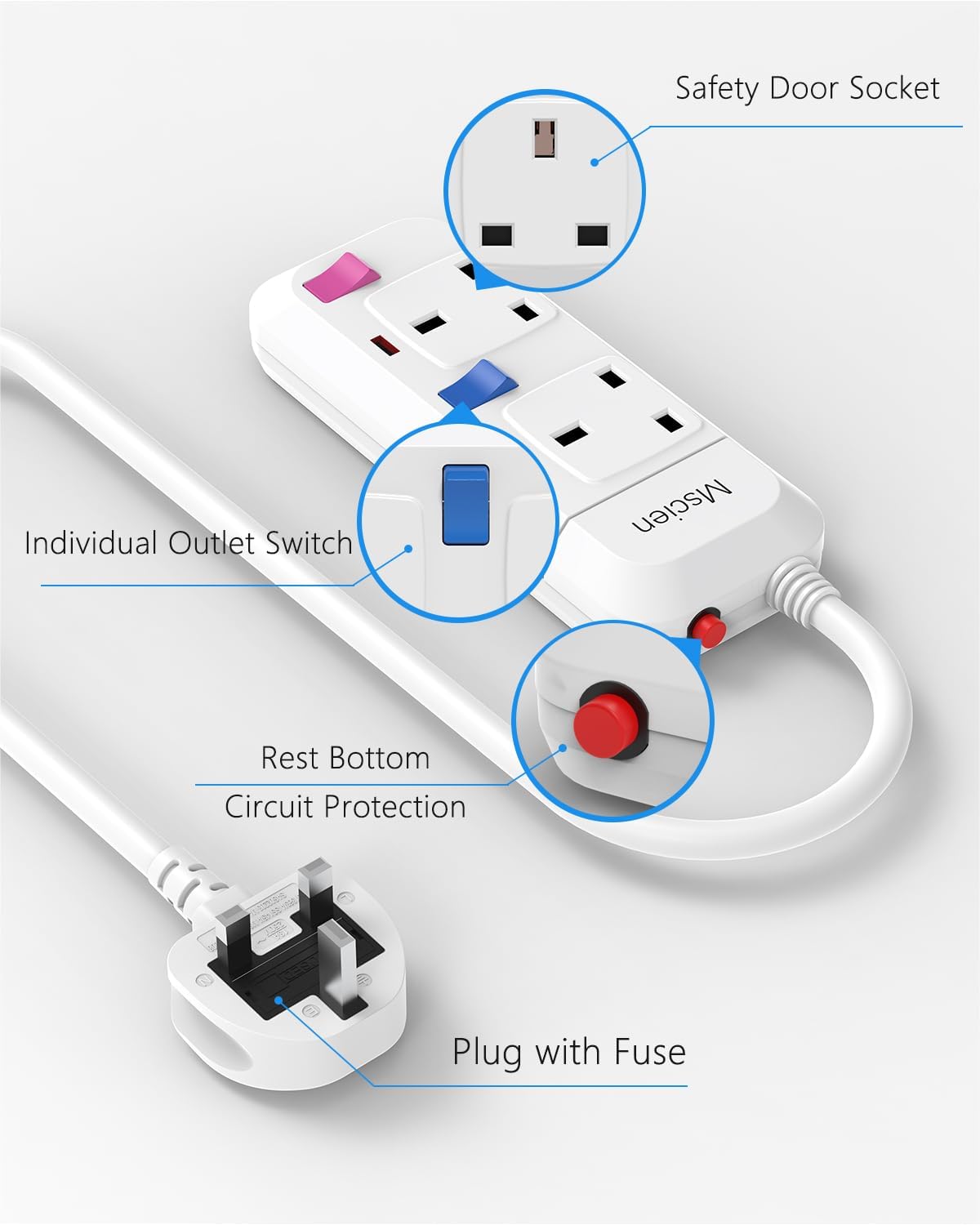 2-Way Extension Lead with Individual Switches, Overload Protection & 1.5M Wall-Mount Cable