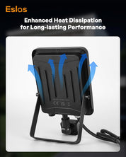 Black outdoor light fixture with blue arrows indicating heat dissipation on a white background, featuring the brand 'Eslas'.