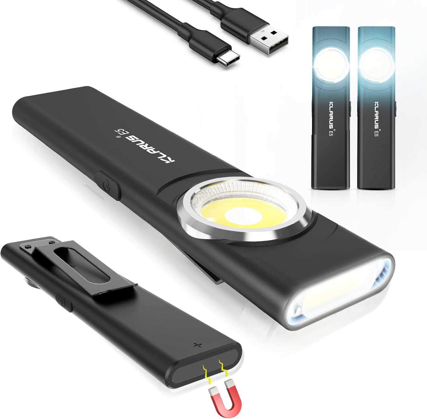 Black LED light with USB cable and additional lights on a white background