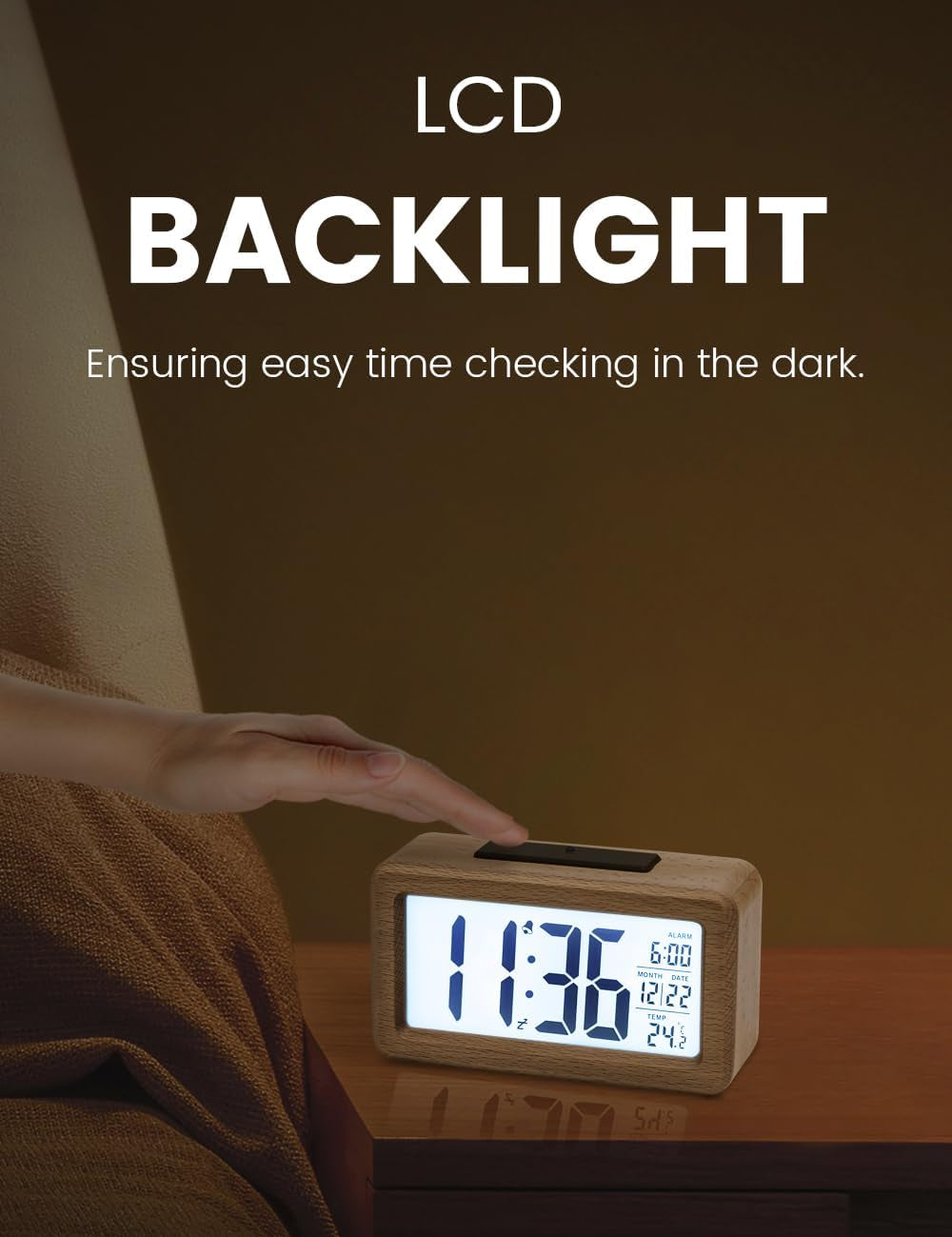 Wooden Digital Alarm Clock – Large LCD Display, Snooze, Temperature, Battery Operated