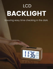 Wooden Digital Alarm Clock – Large LCD Display, Snooze, Temperature, Battery Operated