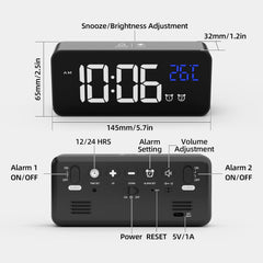 Digital Alarm Clock – Large LED Temperature Display, Dual Alarm, Snooze, USB, 10 Music