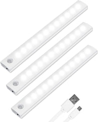 Wireless Under Cupboard Light, 3-Pack, 72 LED USB Rechargeable, Motion Sensor, Stick-On Lights for Closet, Wardrobe, Hallway