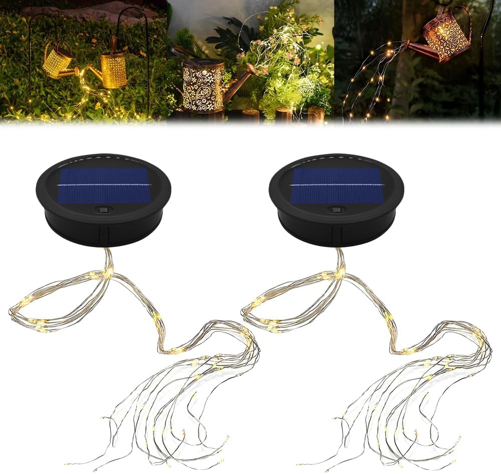 2 Pack Solar Watering Can String Lights Replacement Top, Round Solar Panel Waterproof 32in LED Copper Wire Lantern Lighting Accessories Solars Lamp Battery