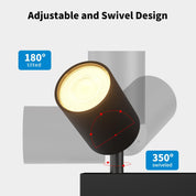 Adjustable and swivel design of a spotlight with labeled angles on a white background