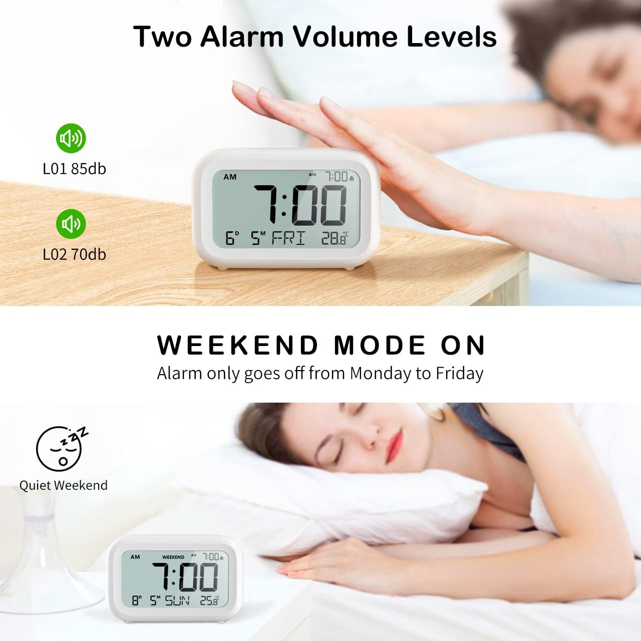 Battery Powered LCD Digital Alarm Clock – Adjustable Volume, Snooze & Weekend Mode