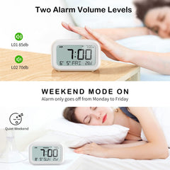Battery Powered LCD Digital Alarm Clock – Adjustable Volume, Snooze & Weekend Mode