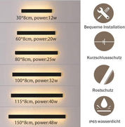 LED wall lights with dimensions and power ratings on a gray background, accompanied by installation and feature icons.