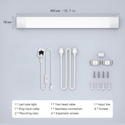 LED tube light components including light tube, cables, clips, and screws on a gray background with measurements.