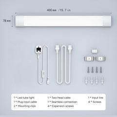 LED tube light components including light tube, cables, clips, and screws on a gray background with measurements.