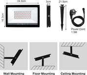 Technical specifications and mounting options of an LED light fixture.