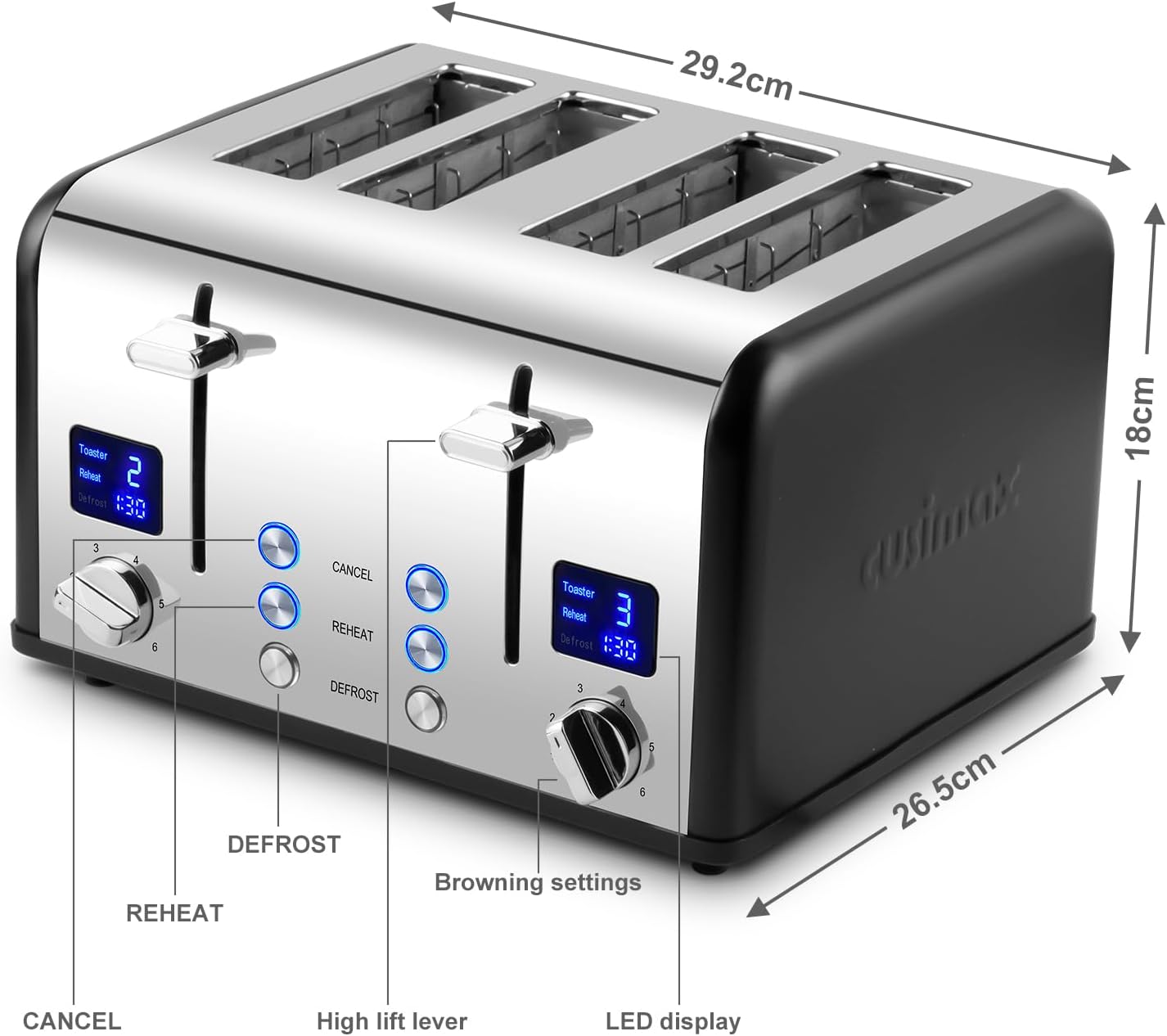 4 Slice Stainless Steel Toaster – Black | LED Display, Extra-Wide Slots, 6 Browning Settings, Defrost, Reheat & Cancel