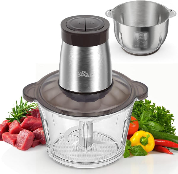 Bear 600W Food Processor & Chopper, 2L Glass + 1.8L Steel Bowl, 2 Speeds, 4 Blades