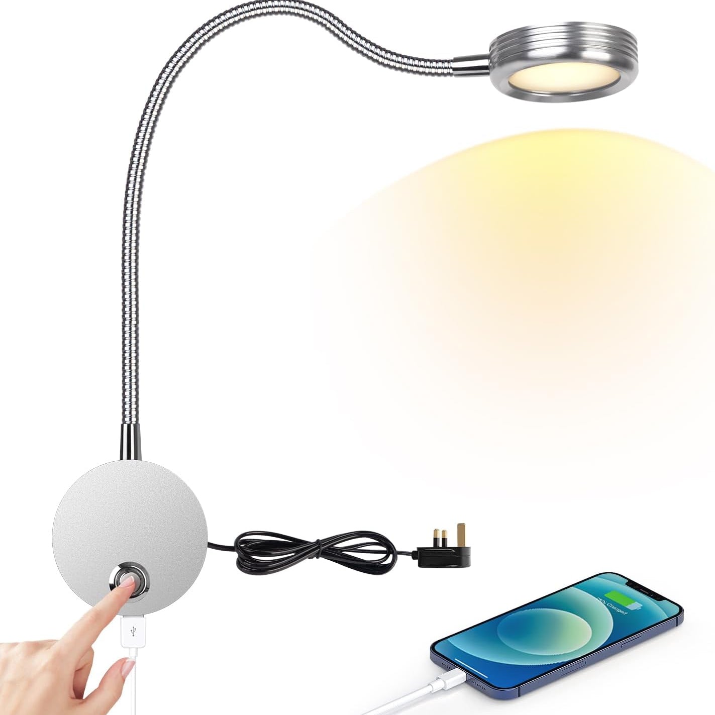 Flexi arm lamp with white base, power cord, and smartphone on a white background