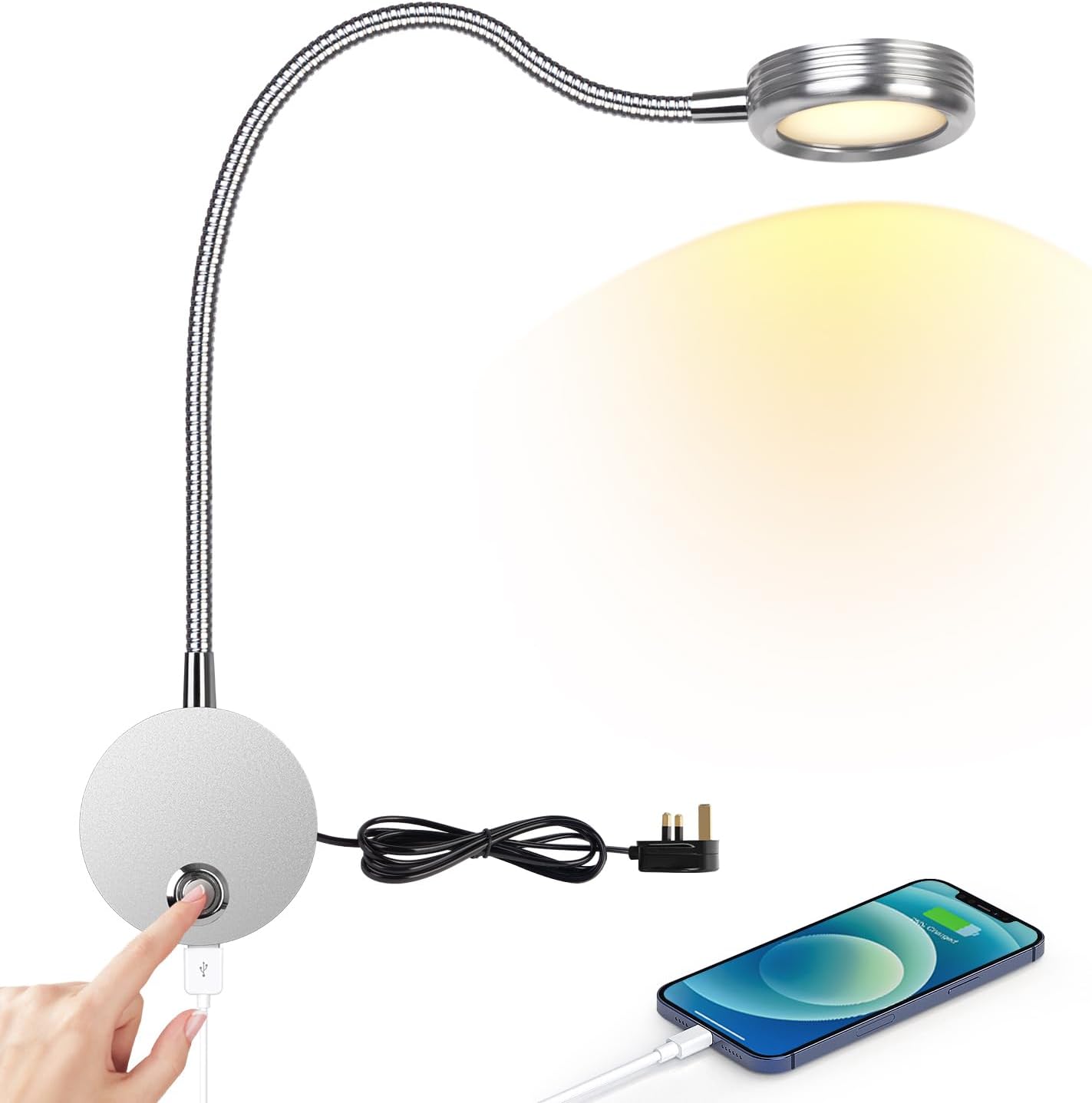 Flexi arm lamp with white base, power cord, and smartphone on a white background