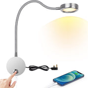 Flexi arm lamp with white base, power cord, and smartphone on a white background