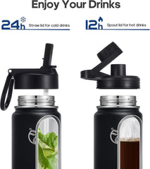 Vacuum Insulated Stainless Steel Water Bottle – 500ml–1200ml, 2 Lids, Hot & Cold