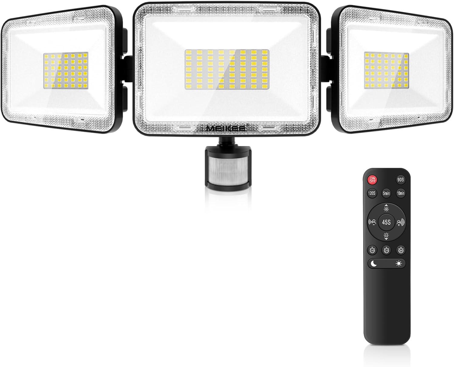 Three LED flood lights with a remote control on a white background