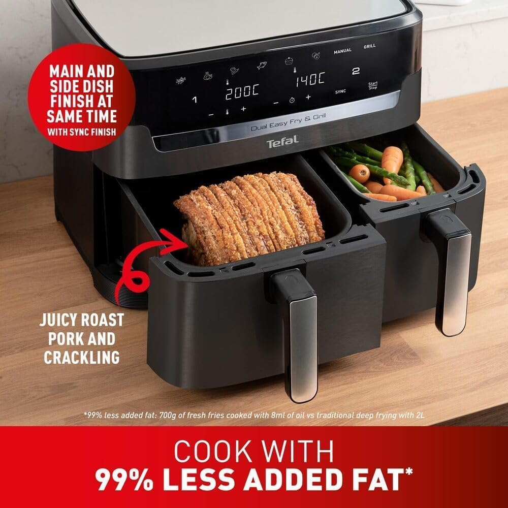 Tefal Easy Fry Dual Zone Digital Air Fryer, 8.3L – 2 Drawers, 8-in-1 Functions, 6 Portions, Extra Crisp, Non-Stick, Dishwasher Safe