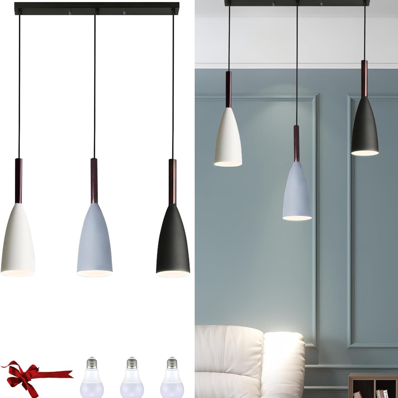 Modern pendant light fixture with three cone-shaped shades in a room setting.