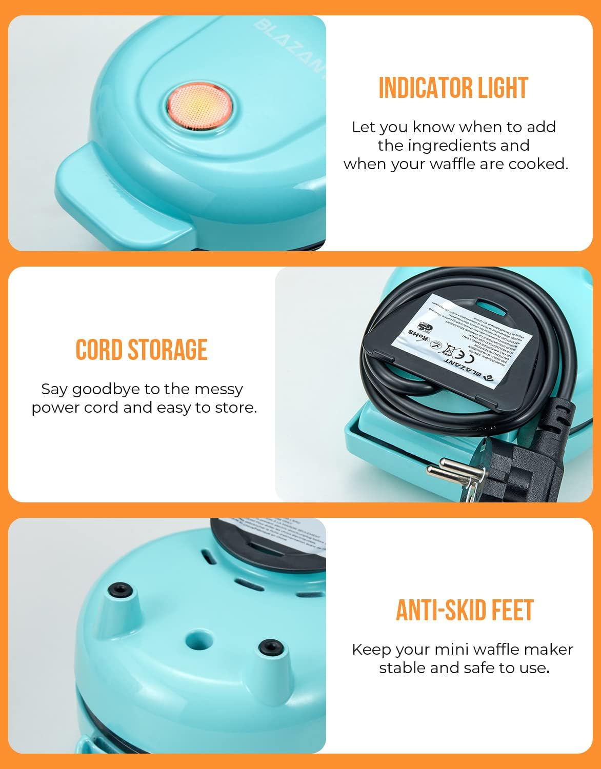 Blazant Mini Waffle Maker – 4 Inch Nonstick Compact Waffle Iron, 550W, Portable Breakfast Chaffle & Snack Maker, Blue