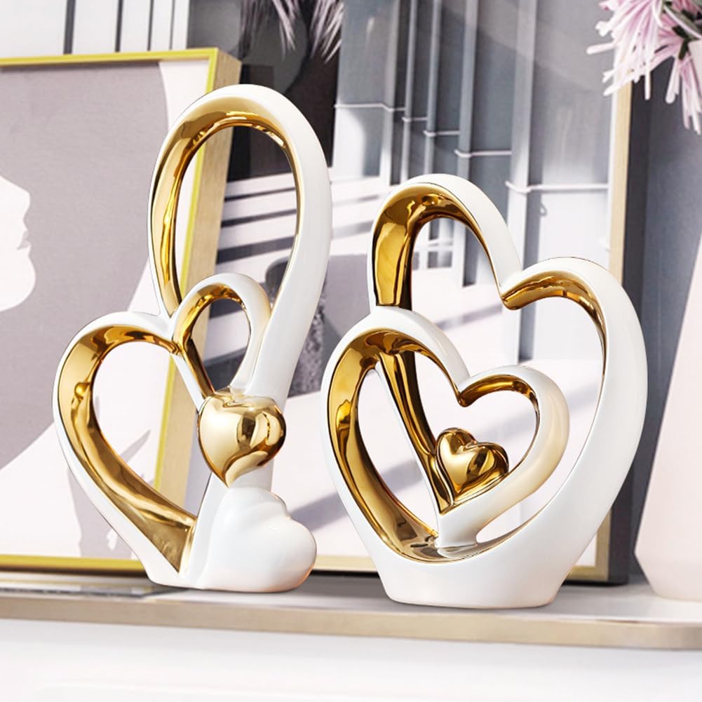 Double Heart Ceramic Ornament – Modern Home Décor Statue & Gift for Living Room or Office