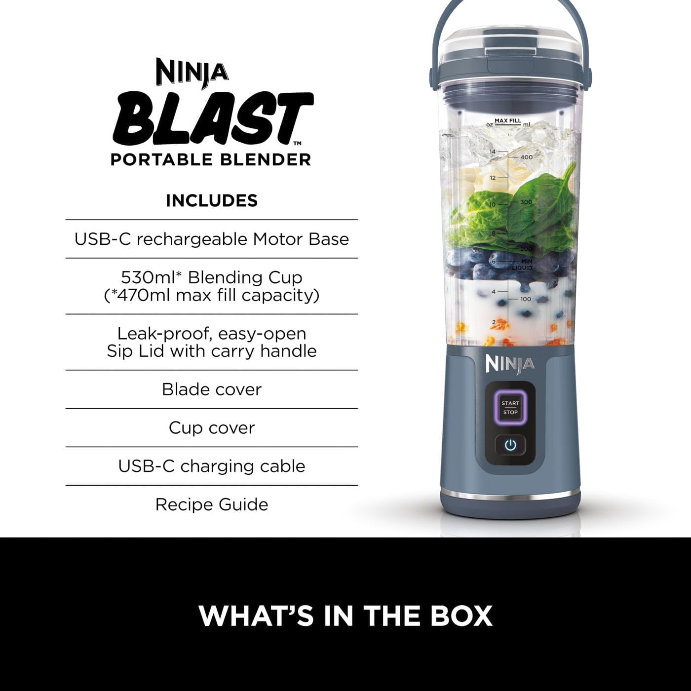 Blast Portable Blender 530ml – Cordless Rechargeable Mini Blender with Leakproof Lid, Blends Ice, Frozen Fruit & Shakes